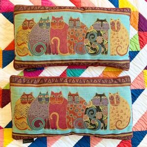 Pair Laurel Burch Colorful Rainbow Cat Lumbar Pillows
